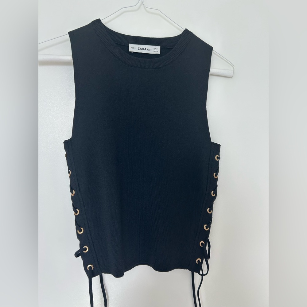 ZARA black knit sleeveless top with lace side detailing, perfect condition